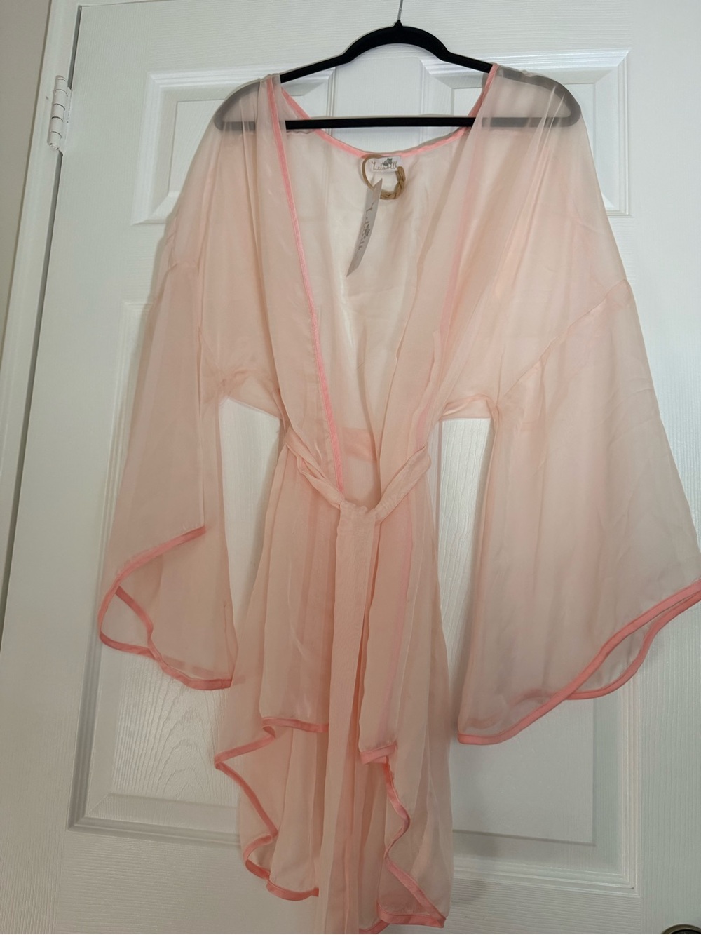Sheer Peach Chiffon Robe with Pink Trim - Women's Intimates